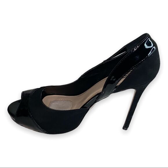 SS Signature by Sangria Black Faux Patent Leather Faux Suede Peep Toe Stilettos - Picture 2 of 14